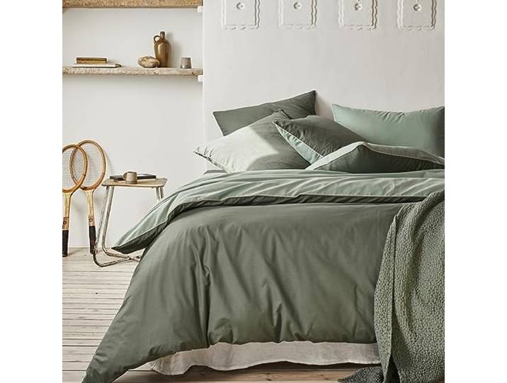 Housse de Couette en Coton Bicolore\, Bons Jours\, Palme/Aloe\, 140x200 cm\, Essix
