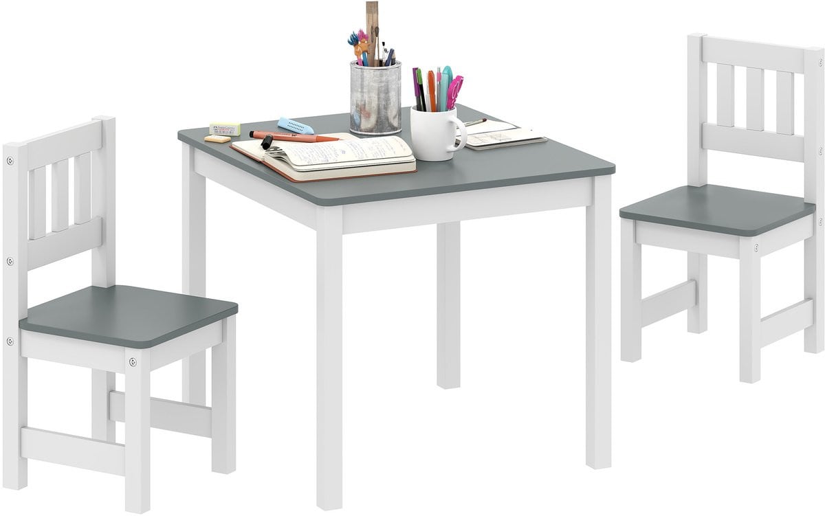 AIYAPLAY kindertafel met 2 stoelen - Grijs/Wit - MDF en grenenhout