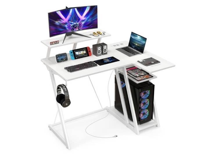 Petit Bureau d'Angle - COSTWAY - Support d'Écran pour PC - Prises et Ports USB - Blanc