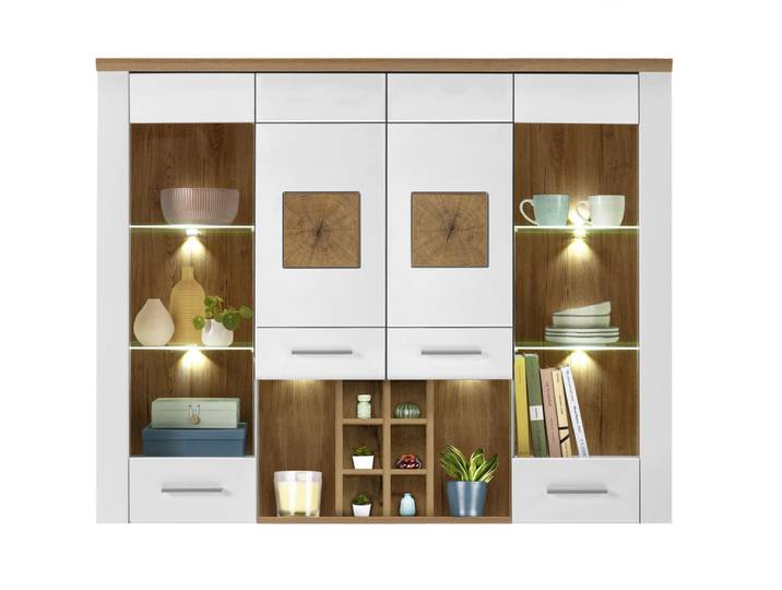 Buffet-Aufsatz RAMIRA 164x115 cm Weiß supermatt / Eiche-Dekor
