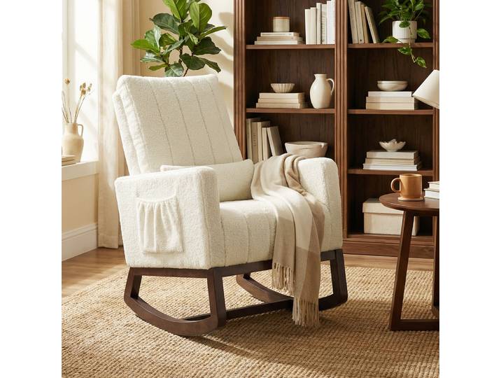 HOMCOM Rocking Chair Flanelle Crème Rembourré avec Poches