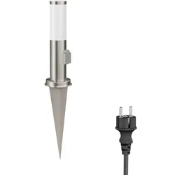 ledscom.de Pollerleuchte PORU mit Erdspieß und 2m Kabel für außen, edelstahl, rund, 38,5cm, Steckdose