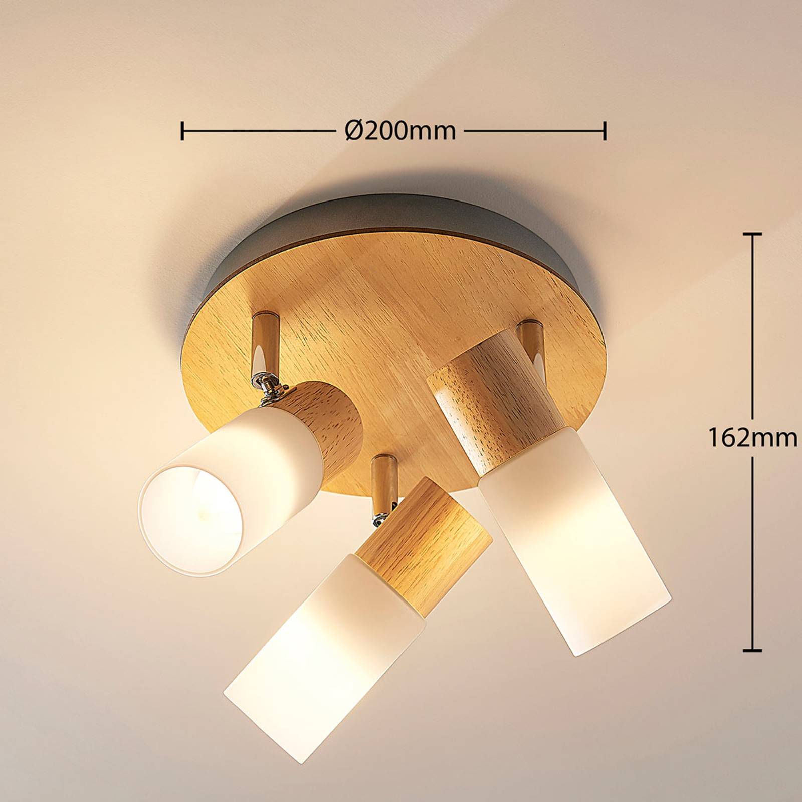 Lindby downlight Christoph, 20 cm, 3-bulb, wood, rondel Christoph Lindby, dimmable, Light wood, Living / Dining Room, Wood, Country House / Rustic, Ceiling Light