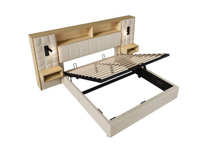 Oxeza Polsterbett 160/200 cm Beige mit Led, 2 Leselampen und 2 integrierte Nachttische, Mode, Rechteckig, 160x200 cm, Schlafzimmer, Betten, Polsterbetten