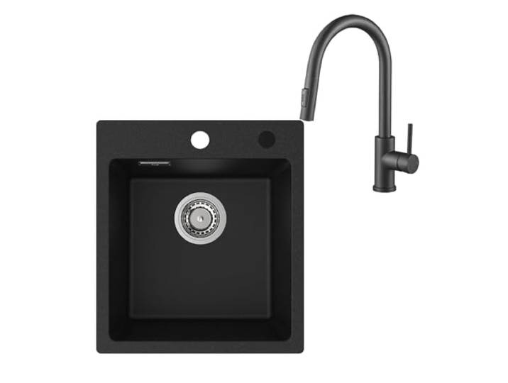 Granitspüle 40x45 cm mit Küchenarmatur Schwarz, Quarz Spülbecken Pflegeleicht & Robust, Wasserhahn Ausziehbar 360°, 2 Funktionen, Für kleine Küchen ab 40 cm Schrank