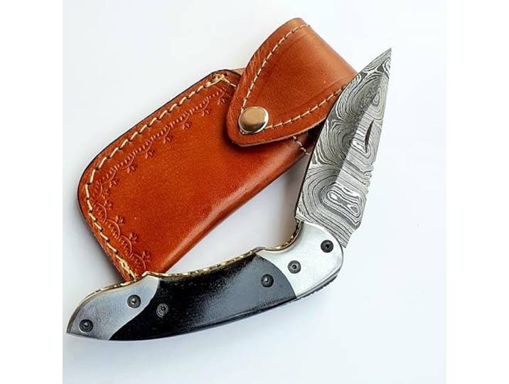 CRAFTOMATIK Damast Stahl Taschenmesser Klappmesser Büffel Horn, Stahl Griff Handgefertigt Outdoor Damastmesser Camping Messer FK10
