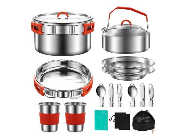 LuxusKollektion Geschirr-Set Camping Kochgeschirr Set 17-teilig Edelstahl, Metall