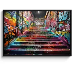 POSTER MIT RAHMEN Treppe - Graffiti - Farben - Kunst 120x80 cm