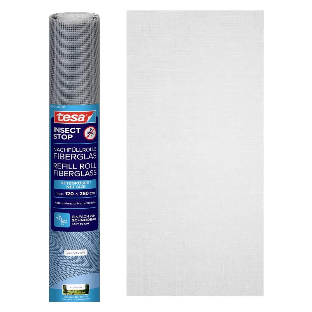 tesa Insektenschutz Alu COMFORT Ersatzrolle aus Fiberglas-Gewebe, für Fenster & Türen, ohne Bohren (120 x 250 cm) (55134-00001-01)