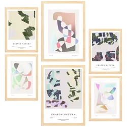 POSTER Set Mit 6 Abstrakte Figurative Kunst In Pastelltönen A3 & A4 Rahmen Aus Hellem Holz