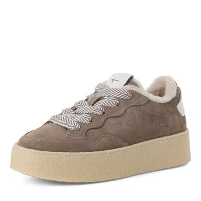 Plateausneaker TAMARIS, Damen, Gr. 39, Schurwolle Textil, braun (taupe), Nubukleder, Schuhe Plateausneaker, Freizeitschuh, Halbschuh, Schnürschuh mit Ziernähten