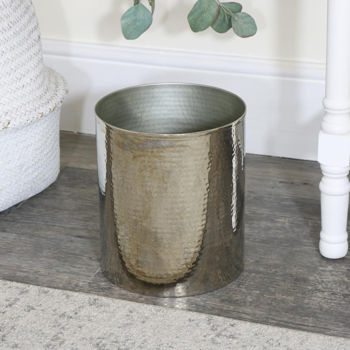 Silver Metal Hammered Waste Bin Metal