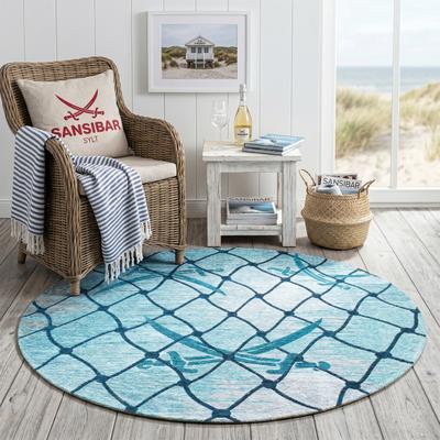 Teppich SANSIBAR "Keitum 005", blau (türkis), H:3mm Ø:100cm, Polyester, Teppiche, Teppich, Flachgewebe, modernes Design, maritimes Motiv, auch in rund