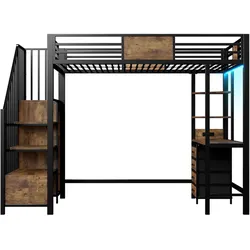 STILVORA Hochbett Metall Schwarz 90x200 cm, gewerblich geeignet, mit Schreibtisch, Stauraum, LED & Steckdose