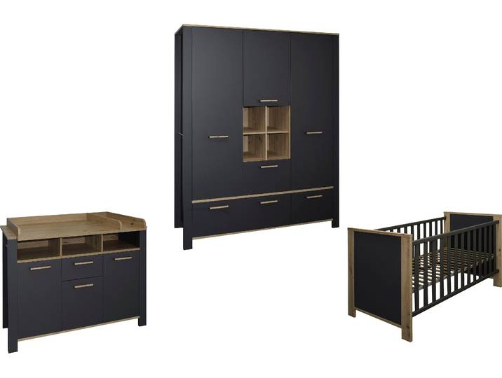 Babymöbel-Set MÄUSBACHER Tom , schwarz (anthrazit matt, asteiche), Wiko/Bett/Kleiderschrank, B/H: 70cm x 140cm, Wiko/Bett/Kleiderschrank, Holzwerkstoff, Schlafzimmermöbel-Sets, Babymöbel-Set