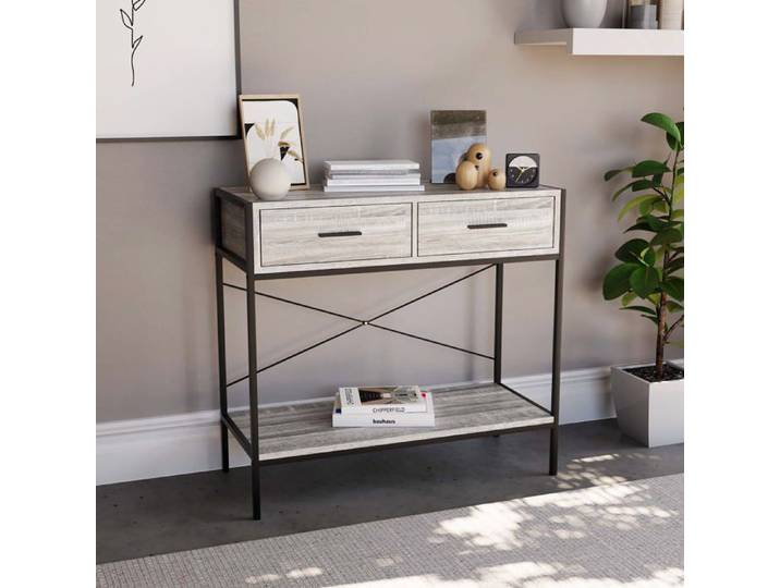 Table console - Brooklyn - 2 tiroirs - étagère inférieure - gris