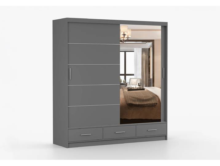 Schwebetürenschrank FLORENCE 203 cm Grau Grau + Spiegel