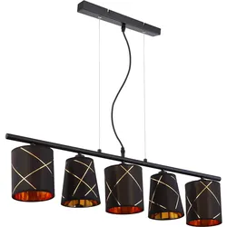 Pendelleuchte Esstisch dimmbar mit Fernbedienung LED Hängelampe schwarz gold, RGB Farbwechsel, goldenen Dekorlinien, 5x 3,5W 320 lm warmweiß, LxH 90x140 cm