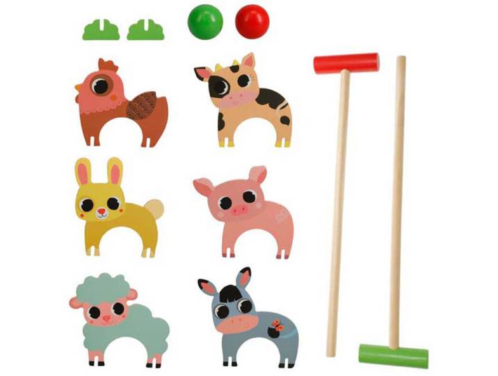 Houten boerderijdieren croquet speelgoedset voor kinderen.