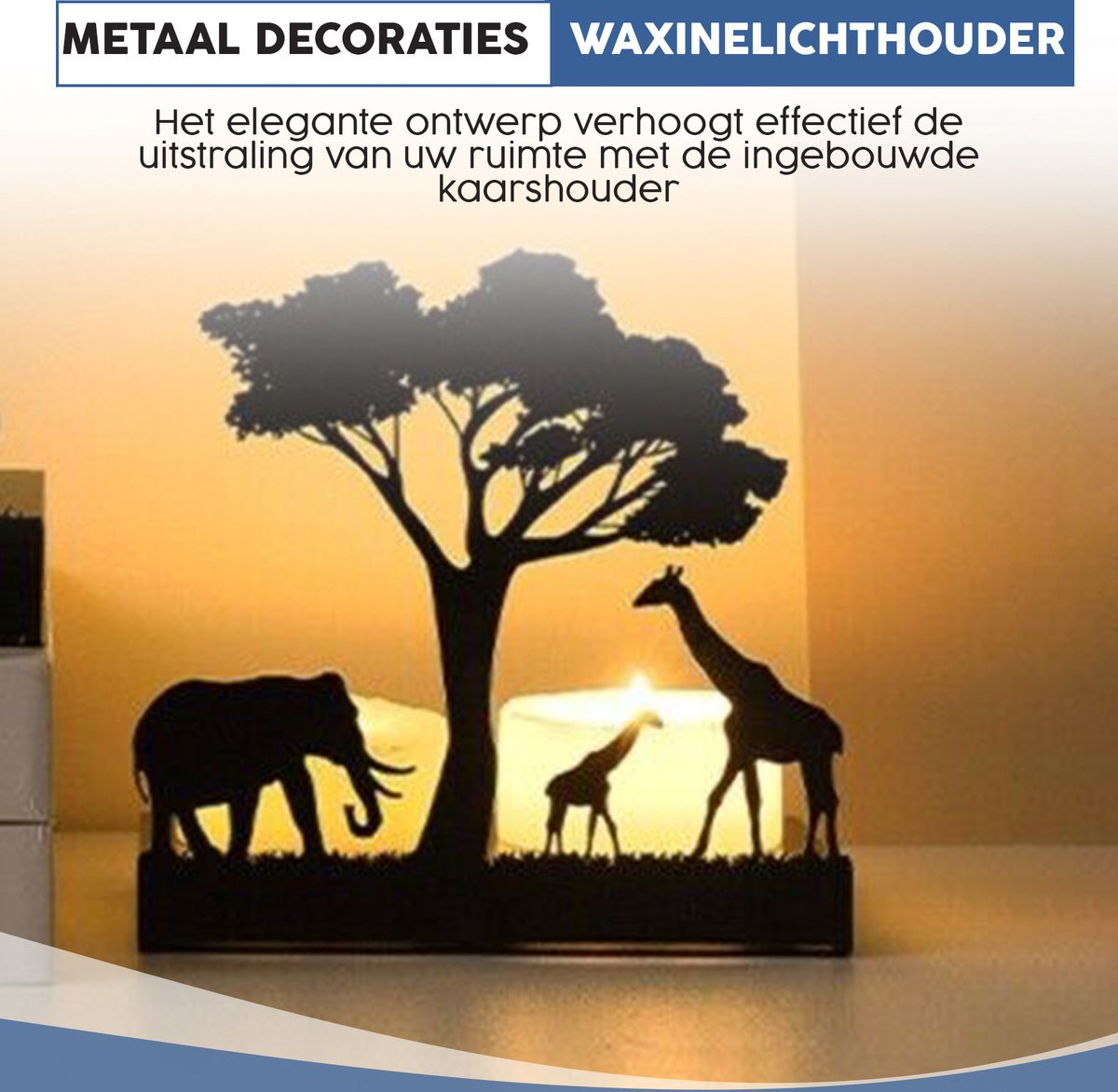 Decoratieve metalen theelichthouder met olifant en giraffe