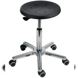 PROREGAL Drehhocker Atlanta, Sitzhöhe 46-64cm, Tragfähigkeit 110kg, Polyurethane-Sitz, Aluminium-Fußkreuz, Rollen, Hebelauslösung, Schwarz