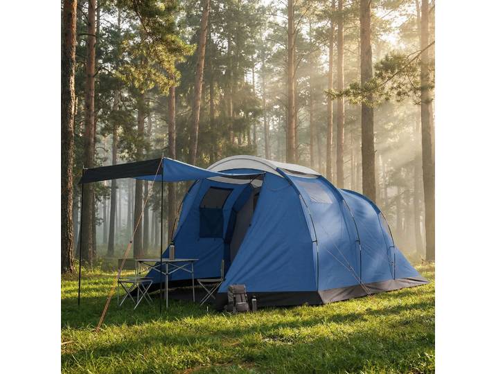 Outsunny Tente Tunnel 4 Places Imperméable Double Couche Bleu