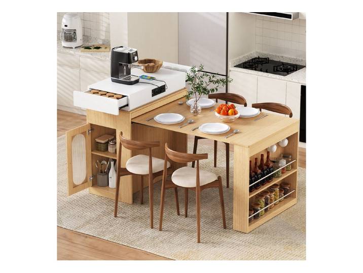 Odikalo Kücheninsel mit faltbarer Tischplatte Steckdosenleisten und Haken, (dient als Kücheninsel, Sideboard oder Bartisch für Küche und Esszimmer)