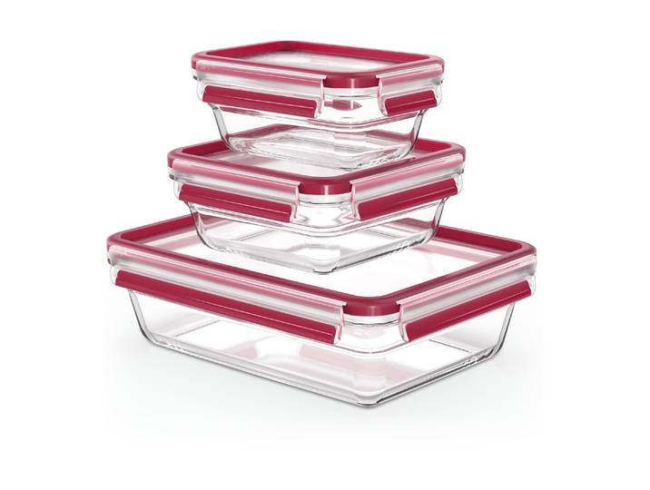 Vorratsdose EMSA Clip & Close Eco 3-teilig , rot (rot, transparent), Glas, Lebensmittelaufbewahrungsbehälter, Vorratsdose