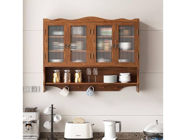 Wandschrank Braun mit Flügeltür 90X60CM Aus Holz Glas Design 4 Türen mit Glasfront und Massivholzrahmen für 100 cm Wandmontage