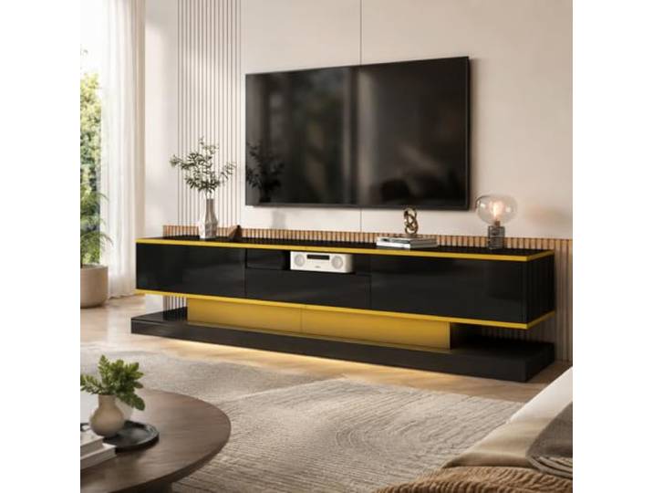 OLIVIBED TV Möbel mit Offenen Fach, TV Schrank für Fernseher bis zu 75 Zoll, Lowboard mit Farbwechselnden LED und 3 Schubladen, TV-Möbel für Wohnzimmer, Esszimmer, Schwarz, 180x38x45cm