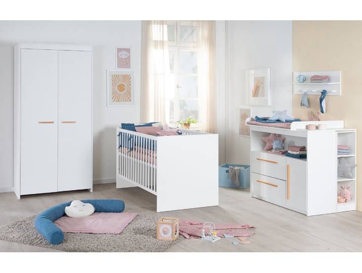 Kinderzimmer 'Lilo' - Kombi-Bett 70x140 + Wickelkommode + Kleiderschrank 2-türig - Weiß