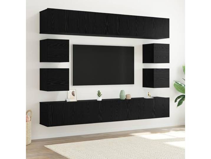 HEFZGDB 8-teiliges TV-Schrank-Set Wandmontage Schwarz Eiche Holzwerkstoff mit 4 Regalen und Schränken für Moderne Aufbewahrung und Raumorganisation
