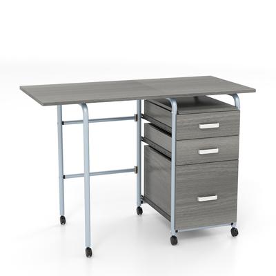 COSTWAY Klappbarer Computertisch 105x50x75cm, Schreibtisch mit 3 Schubladen, Rollen & Metallrahmen, platzsparender Bürotisch, Grau