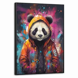 LEINWAND Bilder mit Rahmen - Panda - Jacke - Graffiti - Orange - 70x100