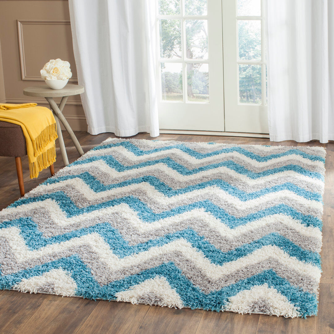 Ebern Designs Etude Geometric Hand Woven Area Rug Ivory/Grey/Blue Rectangle 183 x 274 cm