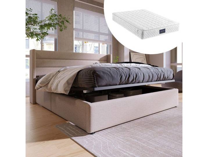 Lit double complet - 140x200cm avec matelas avec rangement lit hydraulique linge - beige - HAUSS SPOLE