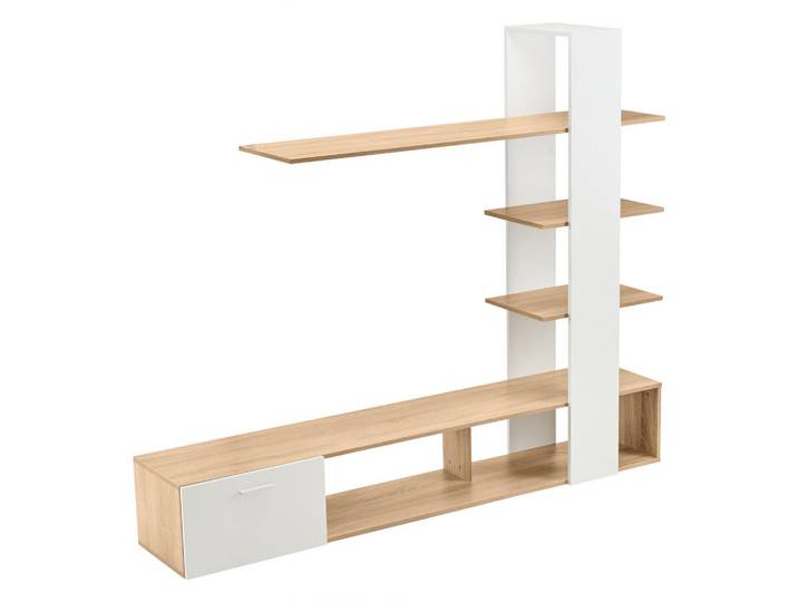 ComfortXL Lowboard De-40313 mit drei schwebenden Regalen Weiß/Holz, 180x151.5x33.5 cm, Wohnzimmer, TV Möbel, Lowboards, Lowboards stehend