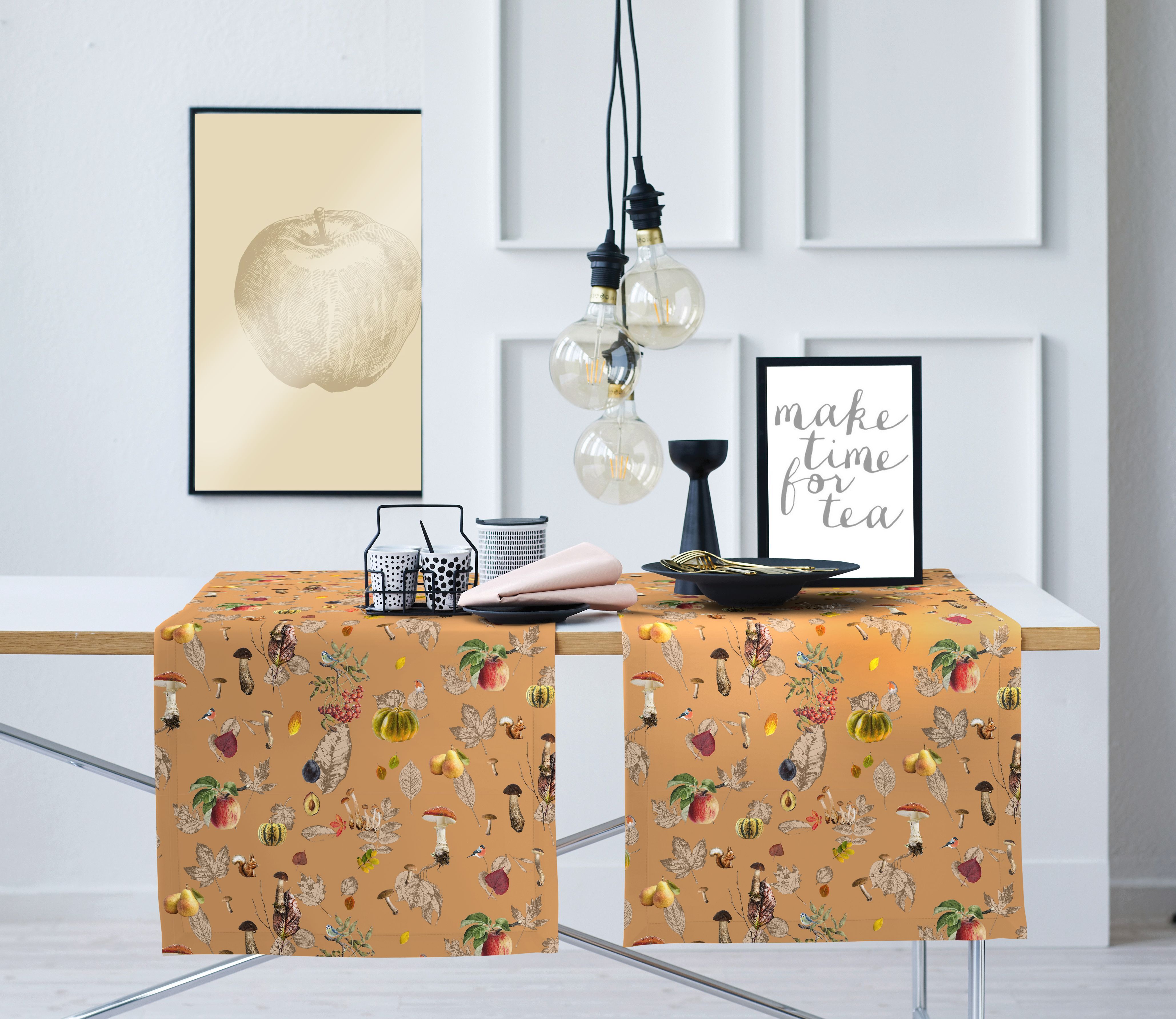 Tischläufer APELT "3405, Herbst- und Naturmotiv", beige (braun, orange), B:140cm L:48cm, Baumwolle, Polyester, Tischdecken, Tischläufer, herbstlich, Natürliche Fraben