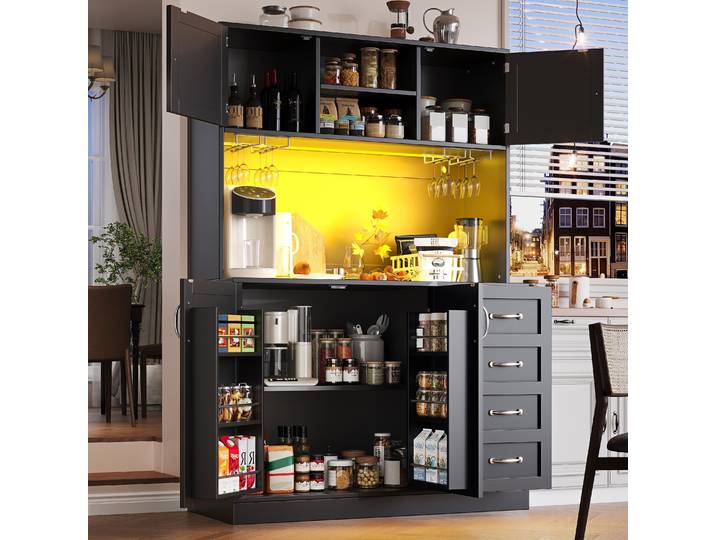 STILVORA Sideboard mit LED-Beleuchtung und Snackregal,Buffetschrank mit Getränkehaltern,Aufbewahrungsschrank mit 4 Türen und 2 Schubladen, Küchenschrank Schwarz