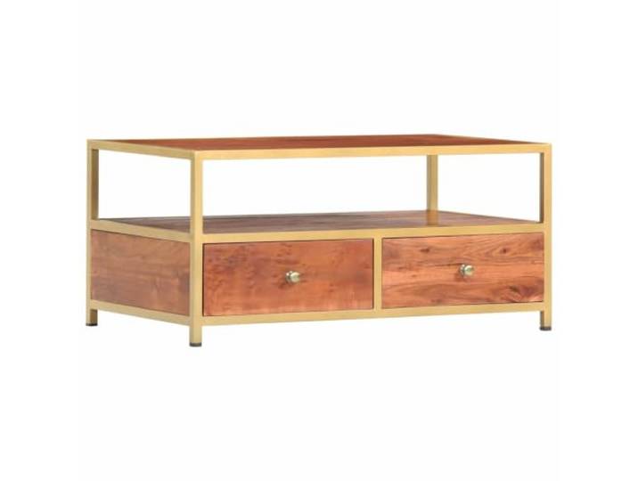 HEFZGDB Massiver Akazienholz Couchtisch 90 x 50 x 40 cm mit 2 Schubladen und offenem Fach im Vintage-Stil, Beistelltisch mit Stauraum, handgefertigt, stabil, dekorativ, praktisch,