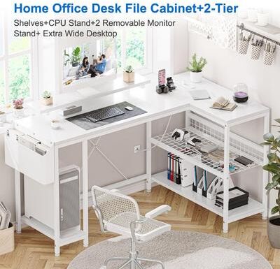 Cathe "L Shaped Computer Desk with Power Outlets & LED Light, 49.6"" Reversible Corner Computer Desk"