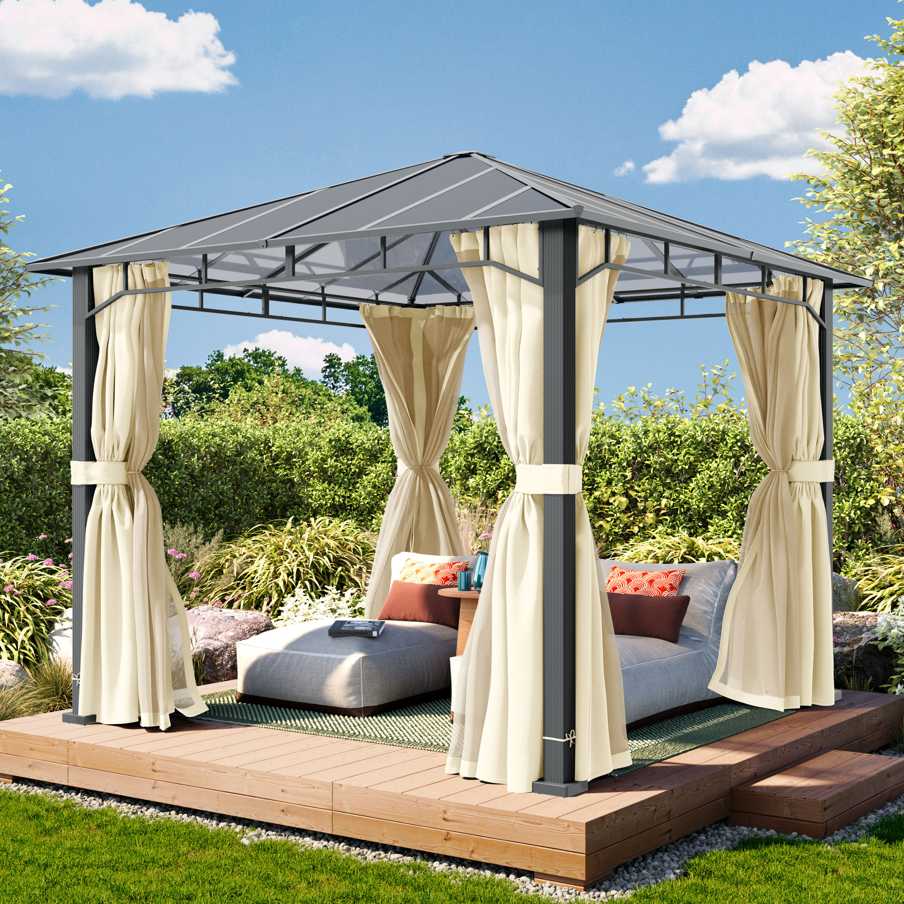 TOOLPORT 3x3m Hardtop Gartenpavillon, inkl. 4 Seitenteile, champagnerfarben - (300680)