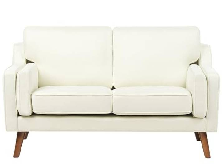 2-Sitzer Sofa Stoffbezug weiß mit hohen Holzbeinen dicken Sitzkissen Lokka