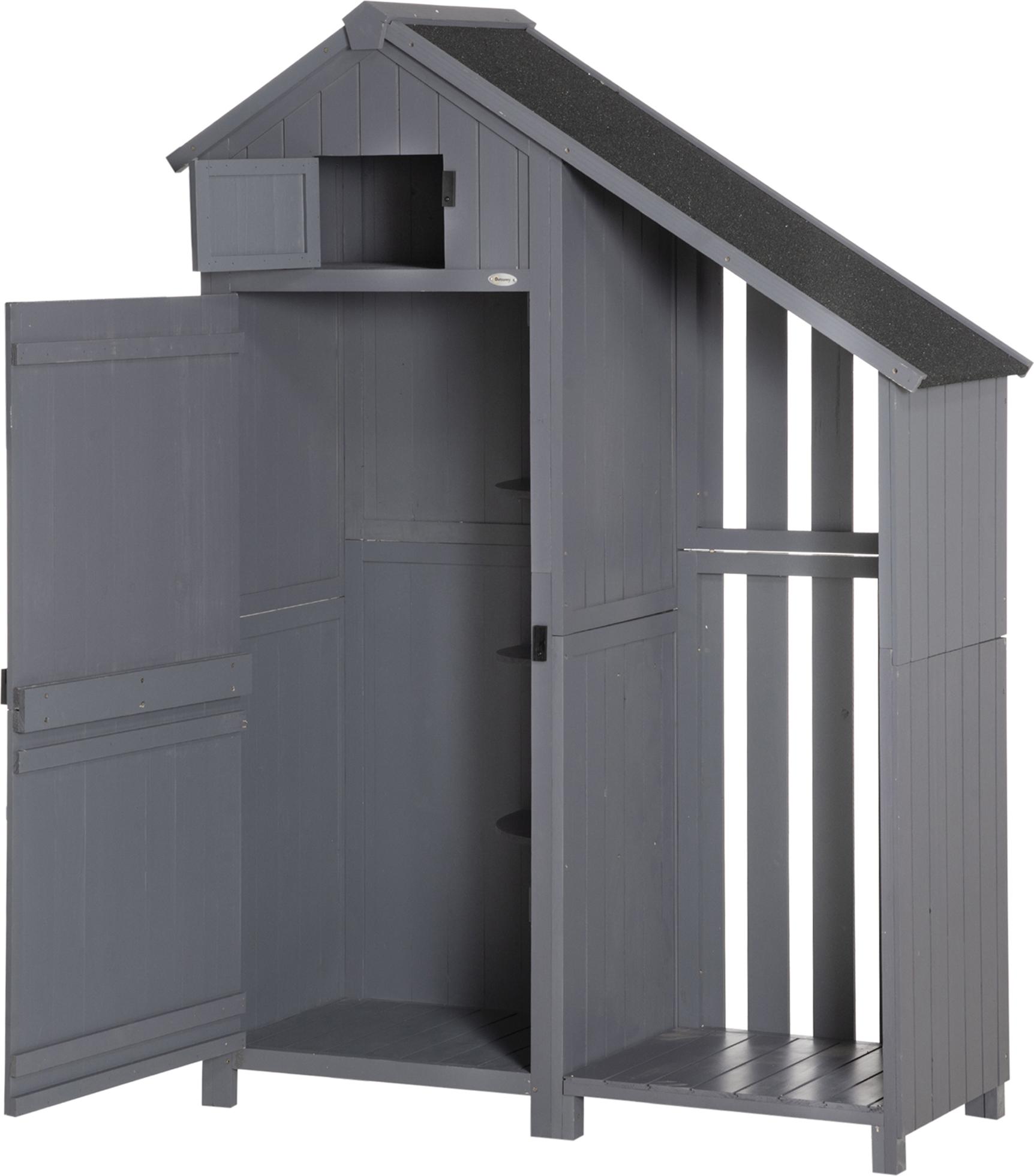 Wetterfester Gartenschrank aus Naturholz 180x129cm mit verriegelbarer Tür & Brennholzfach in Grau/Schwarz