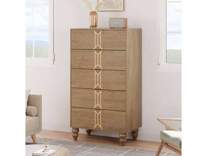 Zstar Viel Stauraum & Vintage-Design – 5-Schubladen Kommode aus Holz für Schlafzimmer – Tiefe Schubladen – Stabile Konstruktion – Eiche-Gold – Farbe: Holz + Gold