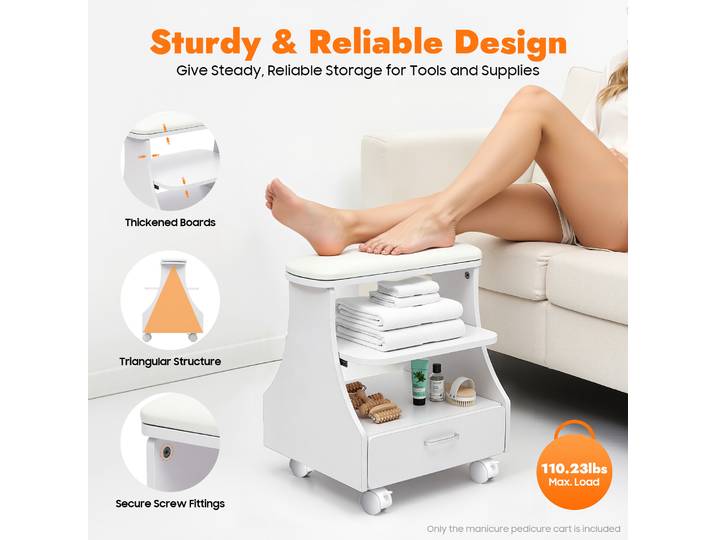Chariot de pédicure roulant avec tiroir, chariot de salon de beauté avec roulettes verrouillables, chariot spa pour repose-pieds pour manucure et salon de nail art