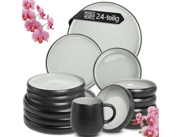 Moritz & Moritz Steingut Geschirrset 6 Personen mit Tassen Grau 24-teilig - Mikrowellen- & Spülmaschinenfest - Steingut Geschirr Set - Serie Solid Uni