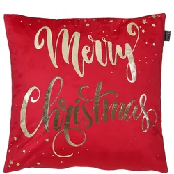 Mica Decorations Weihnachtskissen 45x45cm Samt mit Merry Christmas Schriftzug Weihnachtskissen Sofakissen Winterkissen Dekokissen für Wohnzimmer Schlafzimmer Rot Gold