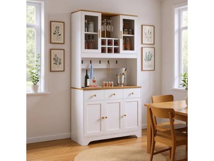 FurnitureR Weißer Buffet, Modern Design, MDF Material, Spacious Storage with Glass Doors, Stylish and Functional Kitchen