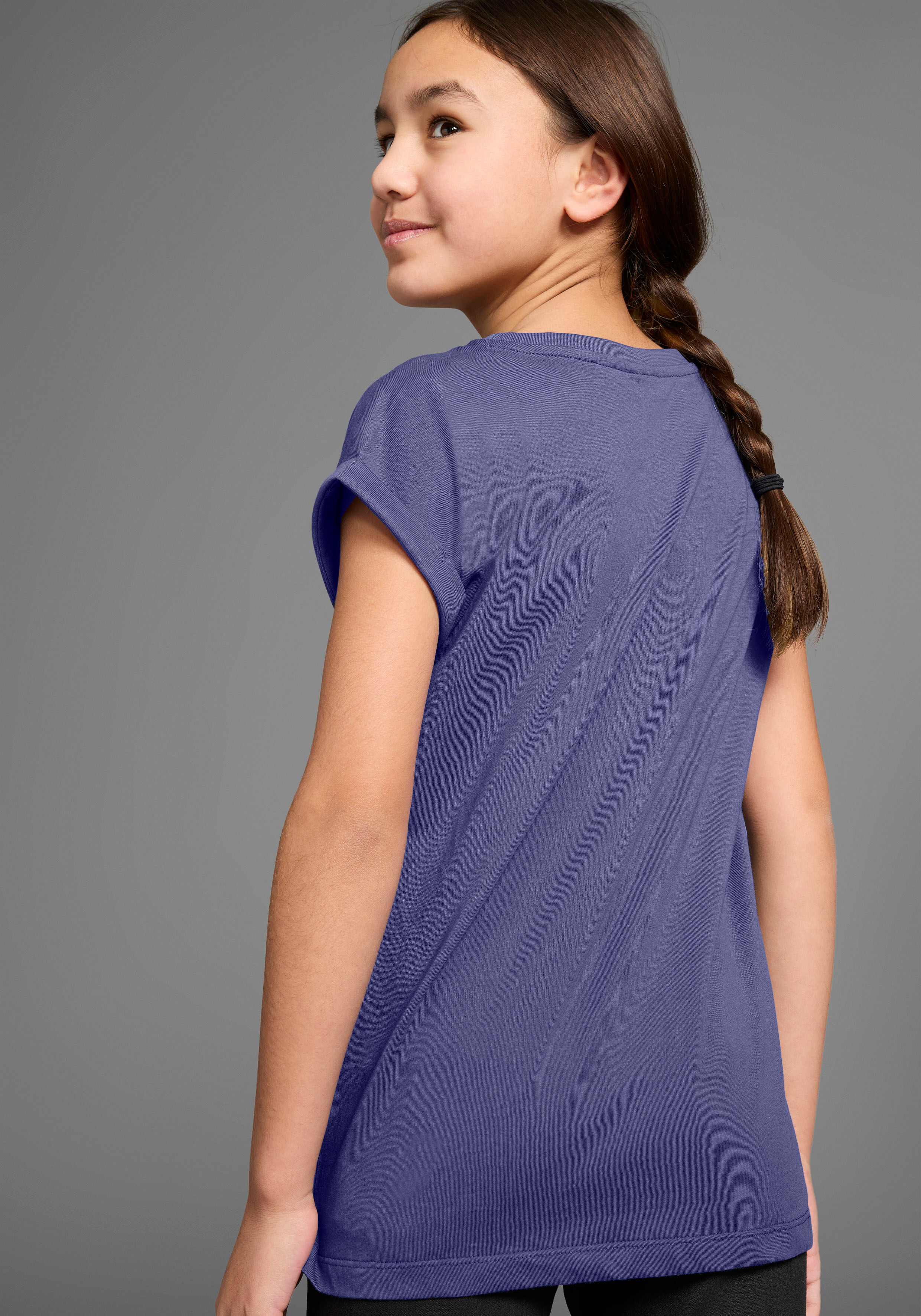 T-Shirt KIDSWORLD "Bevor Du fragst: NEIN", Mädchen, Gr. 152/158, blau, Single Jersey, Obermaterial: 100% Baumwolle, bedruckt, weit hüftbedeckend, Rundhals, Aufschlag, Shirts T-Shirt, Kurzarm, mit Print, Rundhalsausschnitt blau 152/158